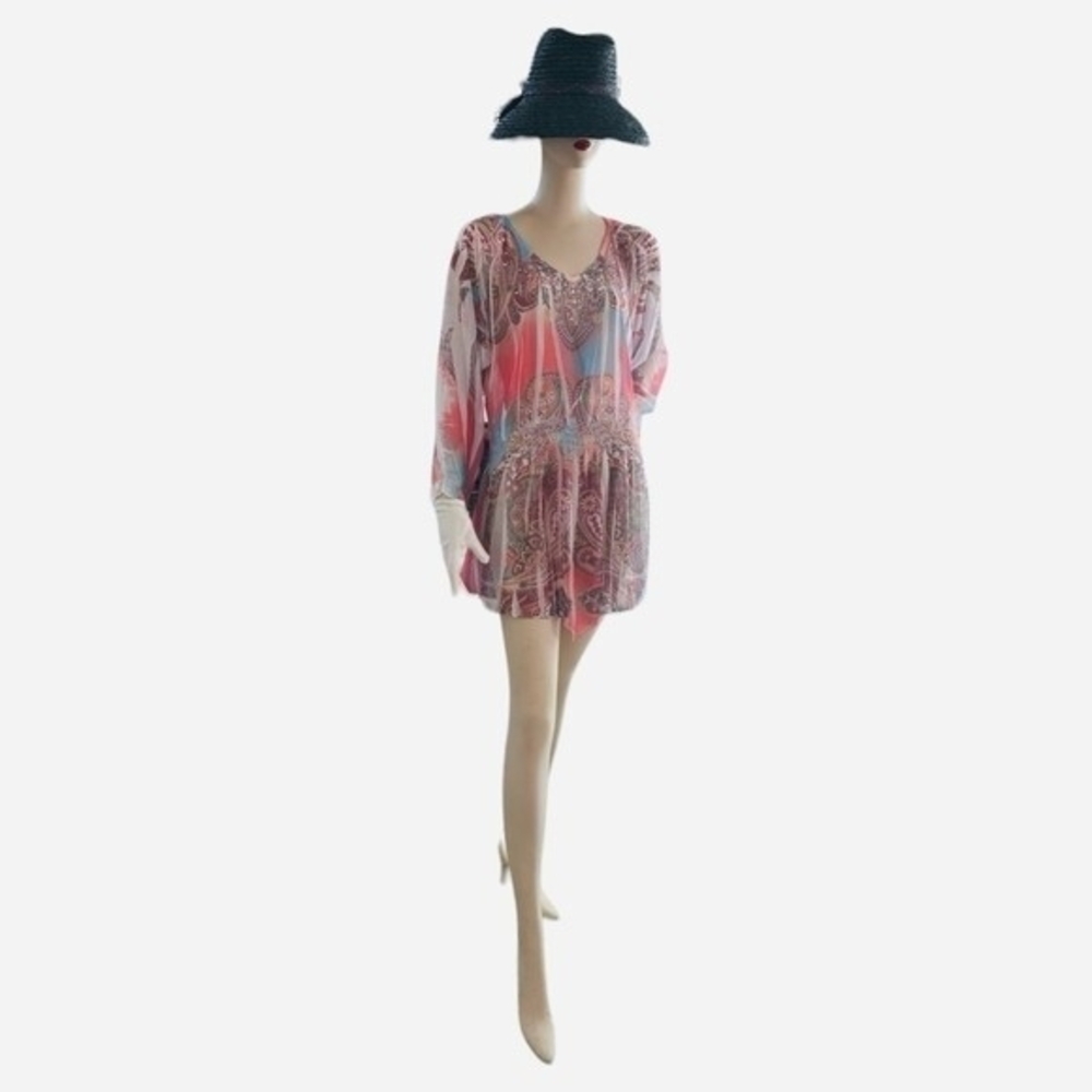 Daniel Benjamin Sheer Studded Tunic Blouse Dress Multicolor V-Neck Size M - Picture 7 of 11
